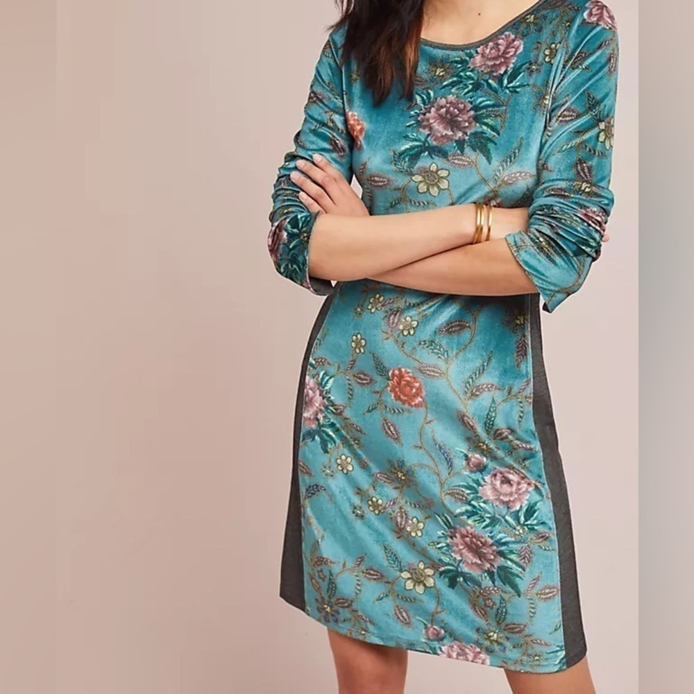 ANTHROPOLOGIE Aldomartins Floral Velvet Sheath Dress Teal Long Sleeve Boho
